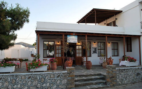 The facade of Lempesis restaurant and Artemon Hotel in Sifnos